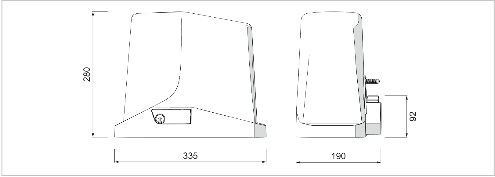 TURBO S-mål: 335 × 190 × 280 mm; tandhjulets position 92 mm