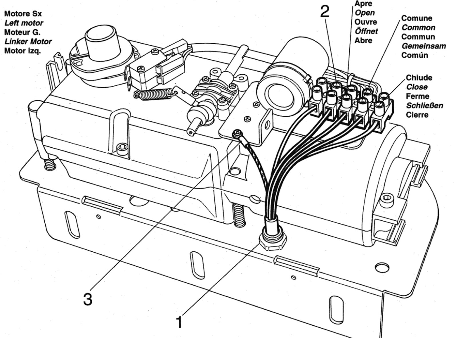 HY7005 – klemrække til venstre 230 V-motor, Open, Common, Close og PE HY7005 – klemrække til venstre 230 V-motor, Open, Common, Close og PE
