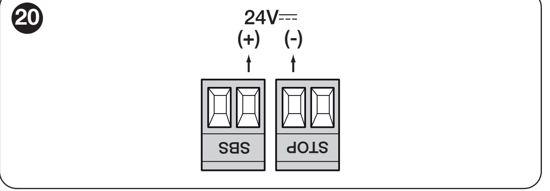 Hjælpeforsyning SOA2R10: markeret SbS-klemme (+) og STOP-klemme (−)