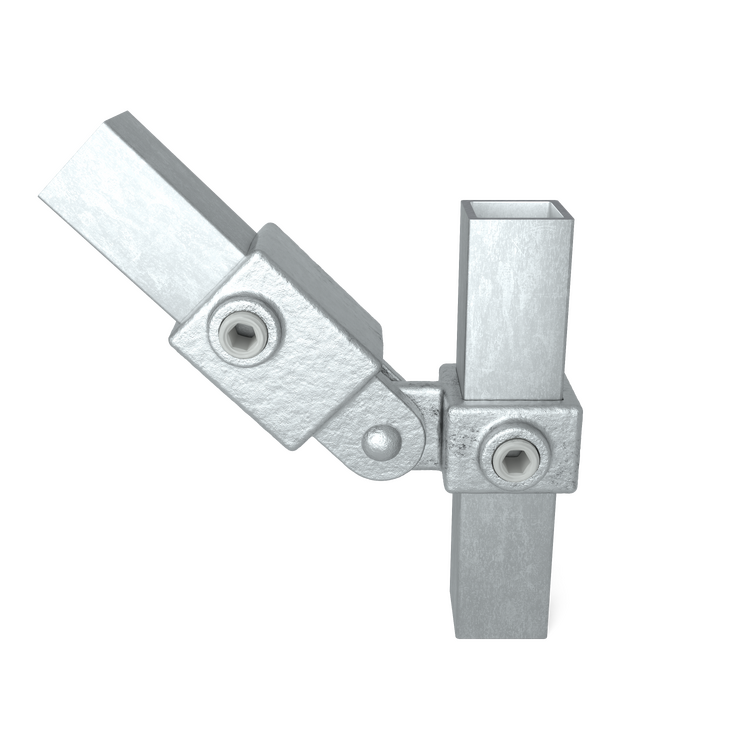 Galvaniseret vinkelbeslag med led til firkantrør 25x25 mm – til vinkler fra 0° til 180°