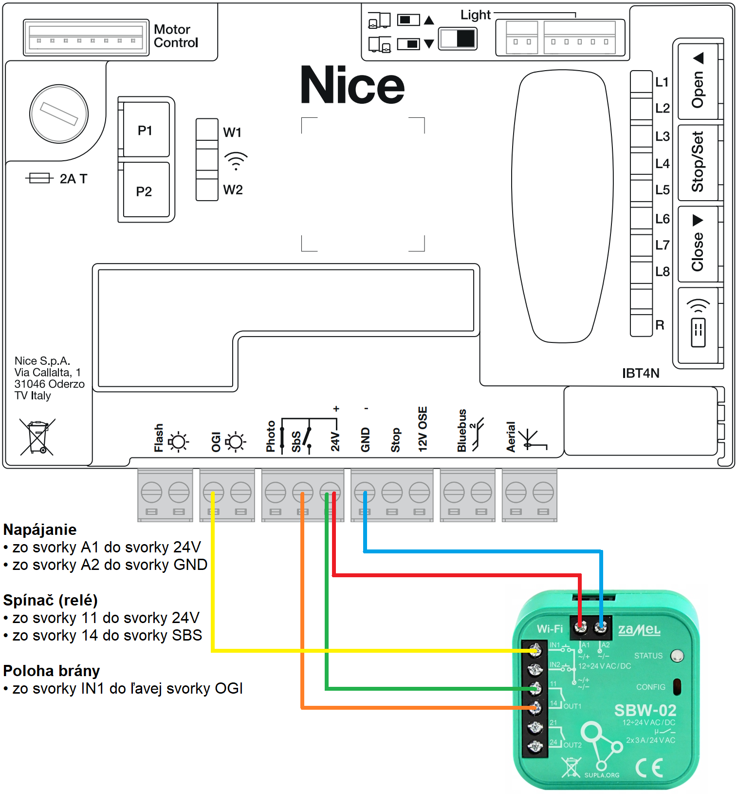 Tilslutningsdiagram for Zamel Wi-Fi-modul til NICE Robus RBS-motor med styreenhed MCU1